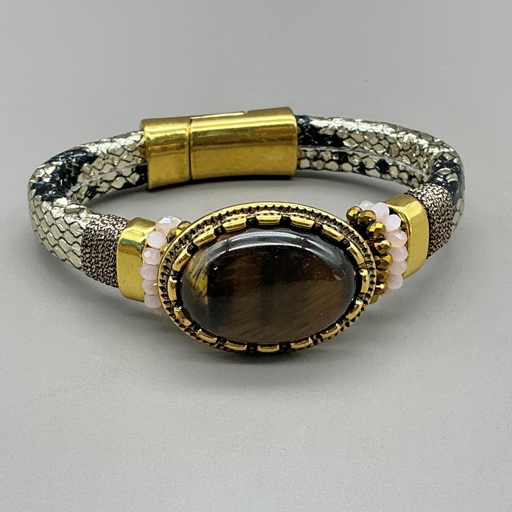 Laura Janelle Bracelet Women Gold Snakeskin Tiger Eye Magnetic Clasp Beaded Boho